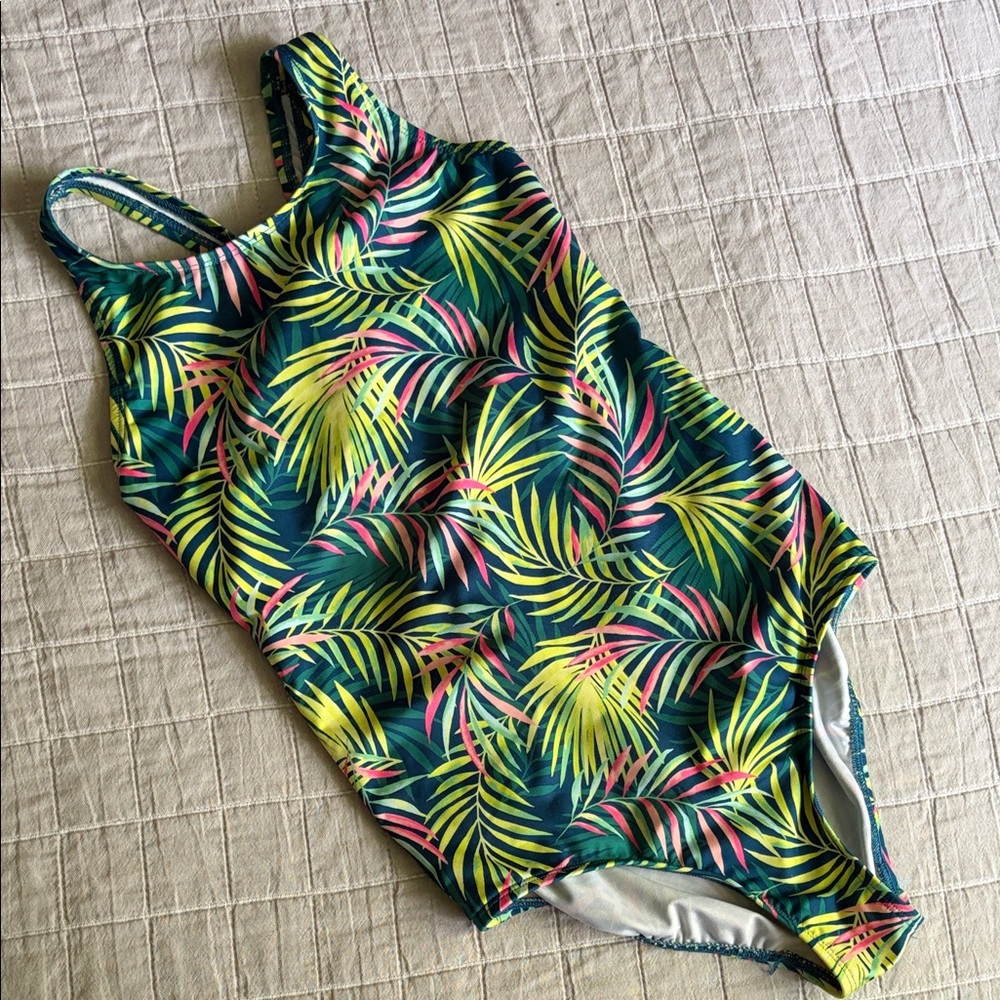 Lands' End Girls' Tropical Leaf One-Piece Swimsuit - Green, Yellow, Pink, 10